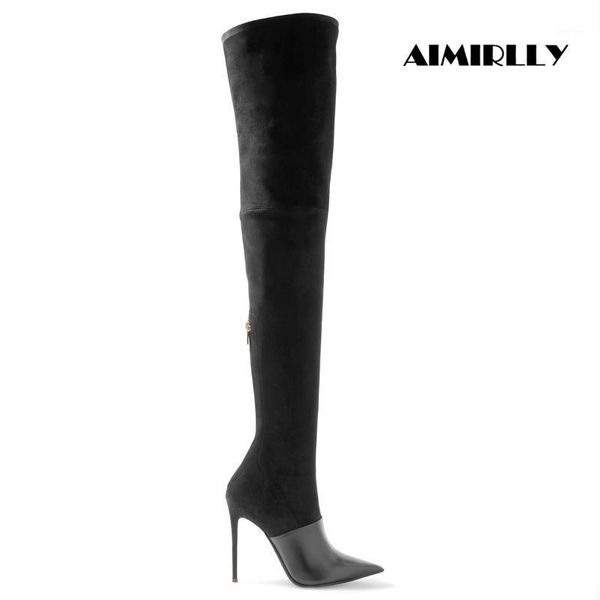 boots womens pointed toe thigh high over the knee stretch faux suede ladies winter long patchwork pu short zipper aimirlly1, Black